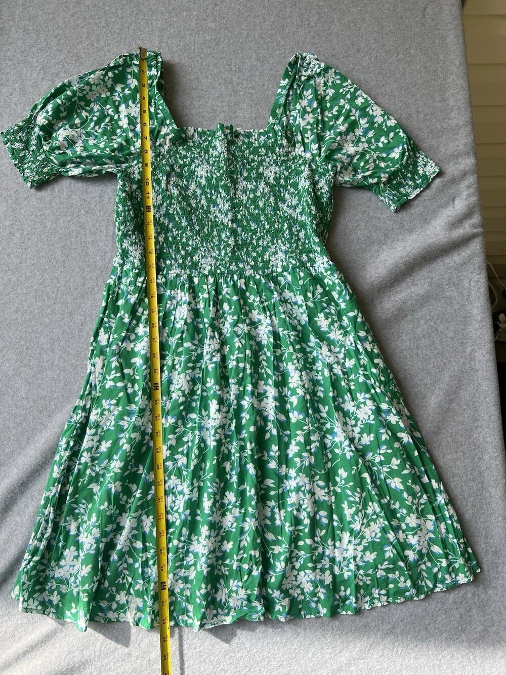 Draper James Green Floral Smocked Mini Dress L Puff Sleeve Pockets Lined